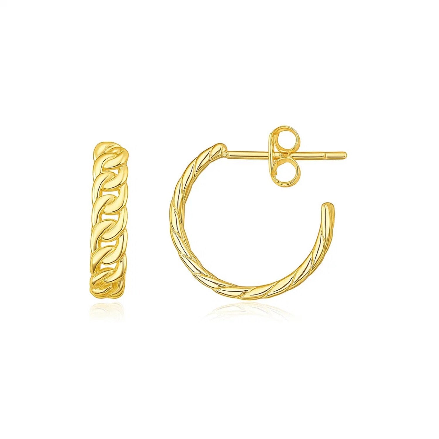 14K Yellow Gold Slender Curb Chain Hoop Earrings in a sleek high-contrast midnight luxury editorial style